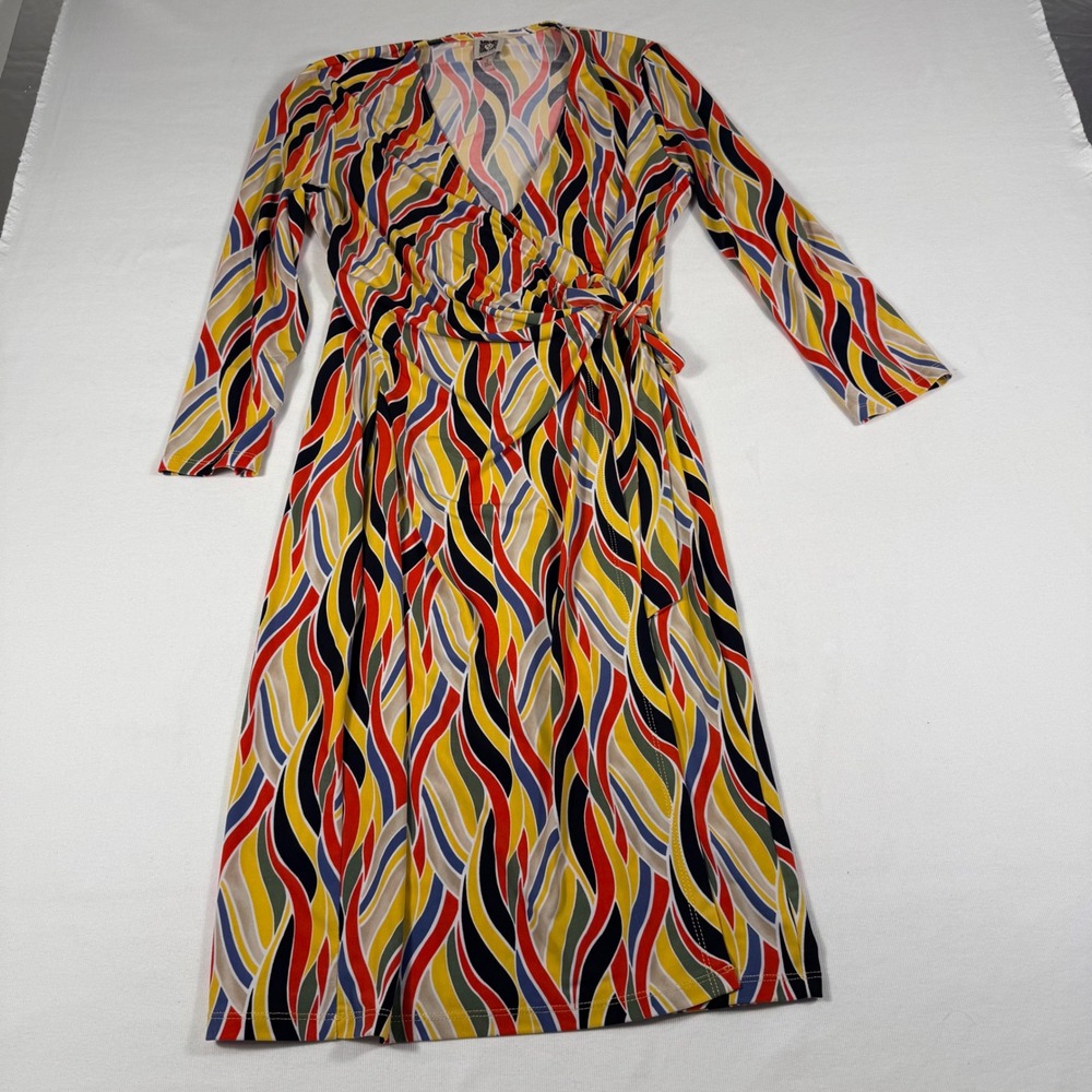 J.Crew 2 Faux Wrap Dress Multicolor Abstract Brunch Resort Knee Length Tie Waist - Picture 2 of 16